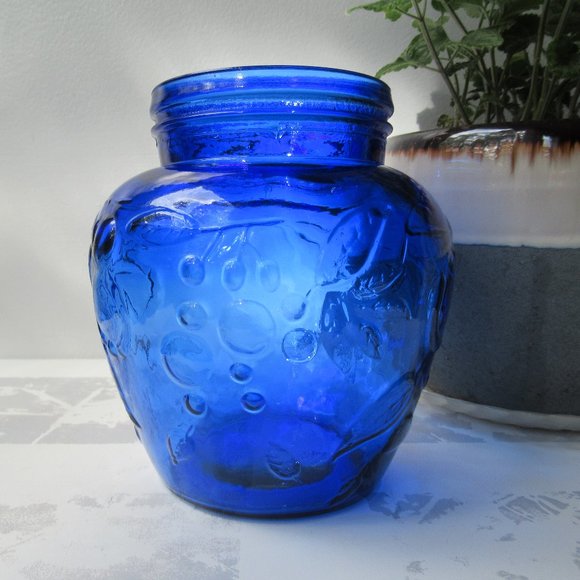 Glass Cobalt Blue Jar Fruit Motif - Picture 1 of 12